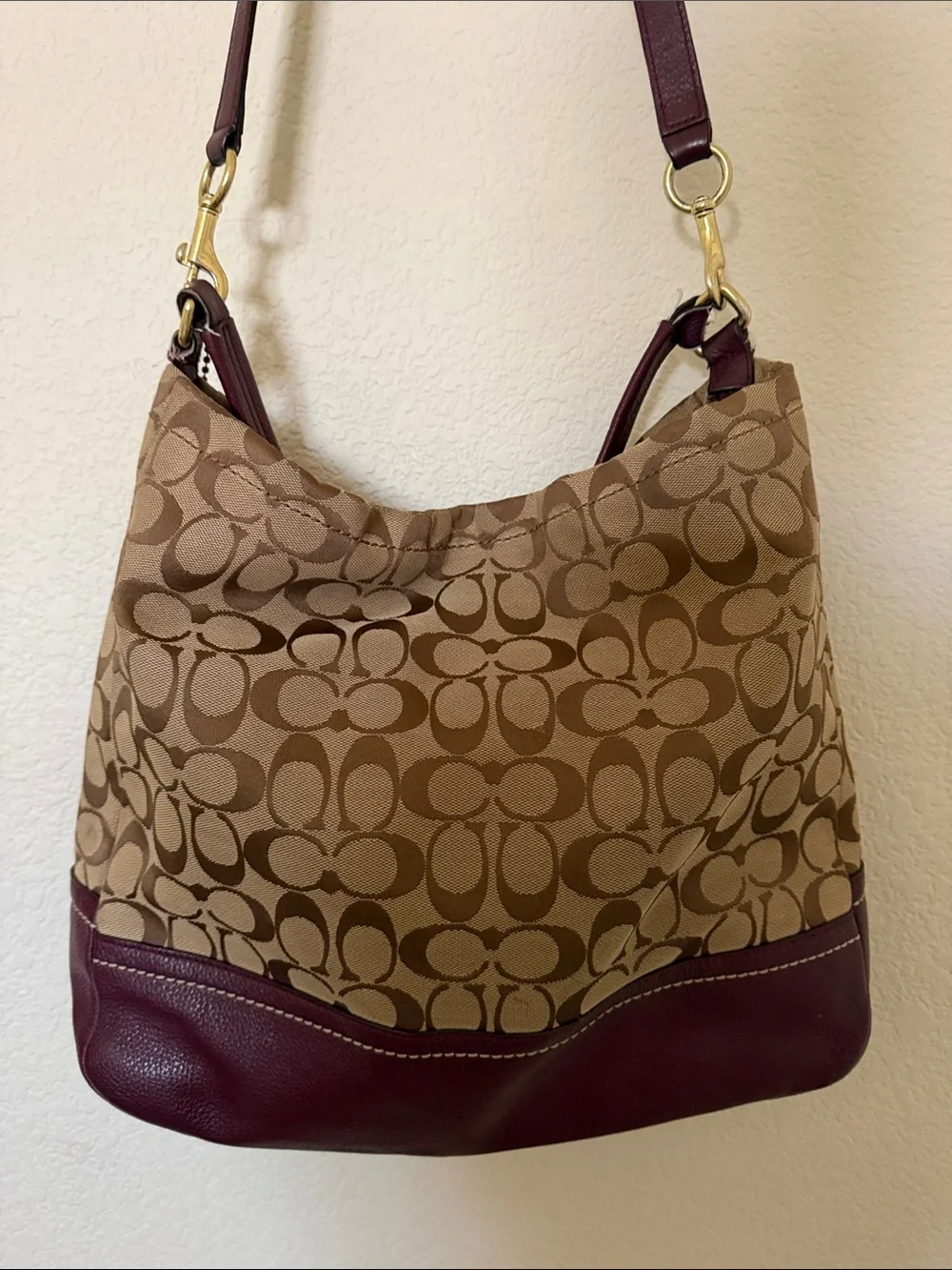Coach Canvas Hobo Bag in Tan and Burgundy